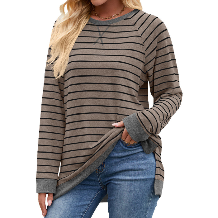 Autumn Winter Striped Contrast Color Round Neck Long Sleeve Loose Fitting Casual T Shirt Women