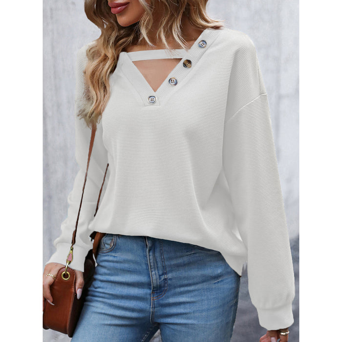 Women Autumn Long Sleeve Hollow Out Cutout out V neck Knitted Top