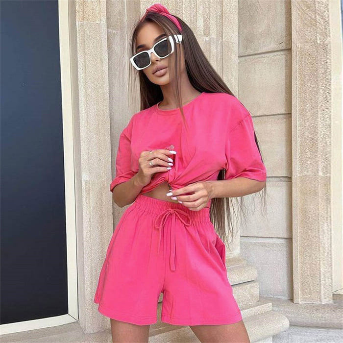 Summer Set Round Neck Short Sleeve T shirt Short Sweatpants Sports Casual Two Piece Set Women Wear With Headscarf