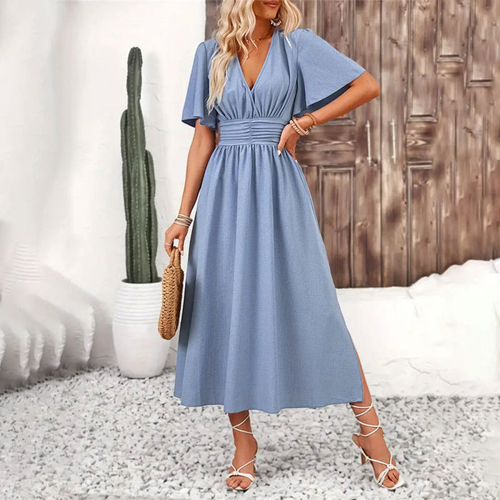 Women Ruffle Sleeve High Slit Elastic Waist Dress Solid Color Maxi Dress Summer Women Sense of Youth