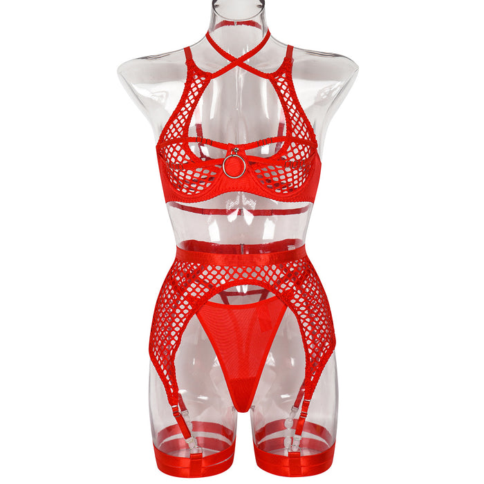 Sexy Underwear Metal Hollow Out Cutout Large Hole Mesh Bandage Sexy See Through Garter Four Piece Set