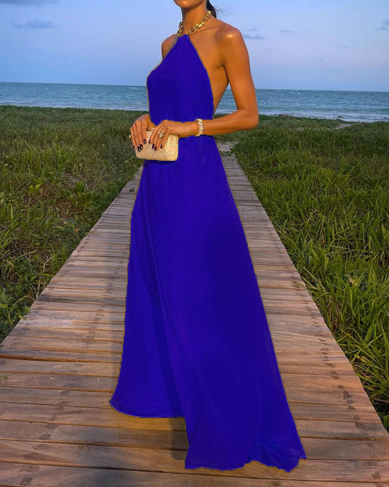 Summer Sexy Solid Color Halter Large Swing Backless Mop Maxi Dress