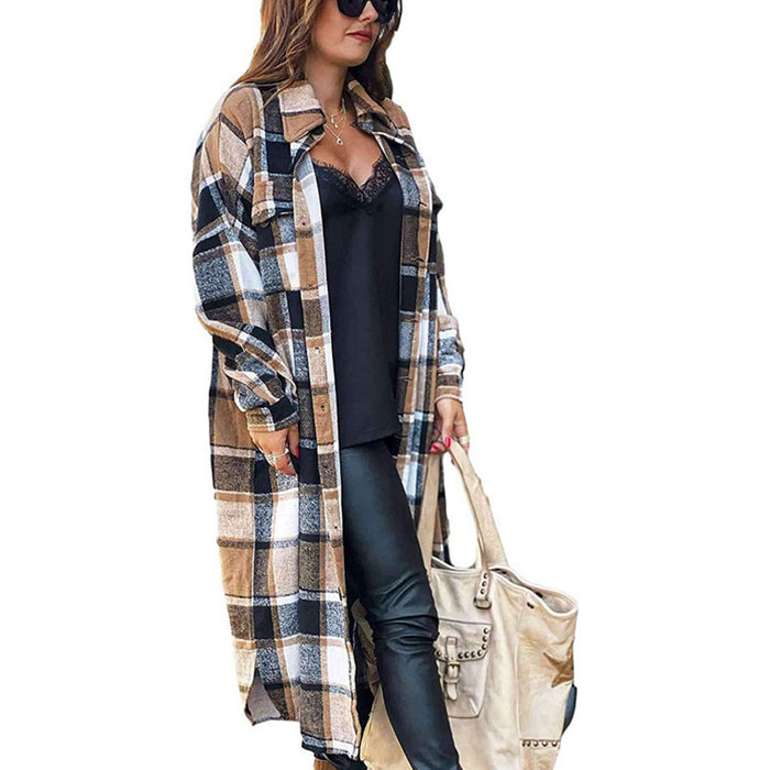 Women Clothing Popular Long Sleeve Loose Plaid Shirt Woolen Long