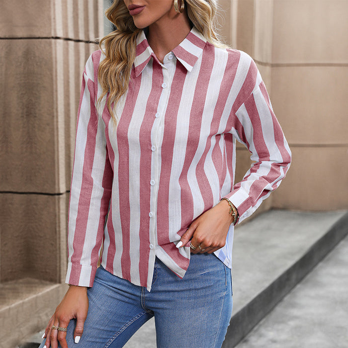 Fall Women Clothing Cardigan Long Sleeve Office Striped Shirt