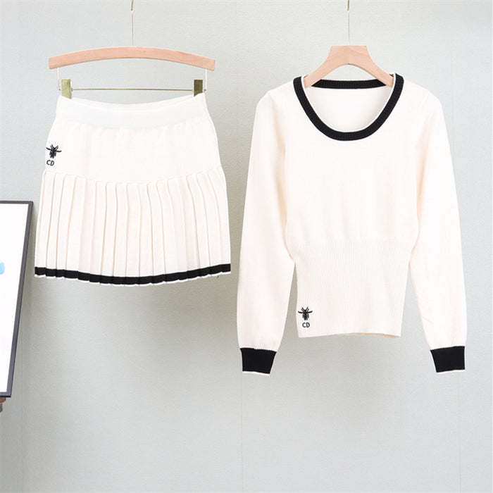 Korea Crew Neck Knitted Top Pleated Skirt Set Women Autumn Sweet Slimming Two Piece Sets