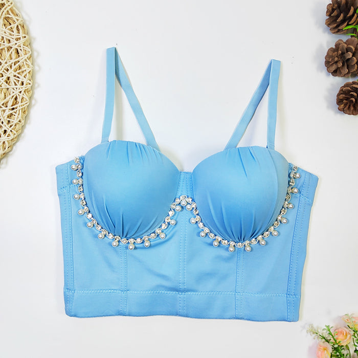 Fashionable All Match Pearl Drill Chain Boning Corset Bra Outer Wear With Steel Ring Comfortable Back Shaping Pleated Carnival Tube Top