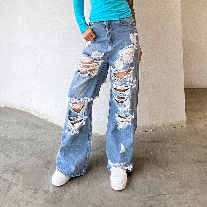 Spring Blue Color High Waist Ripped Wide Leg Pants Slimming Straight Mop Jeans for Women