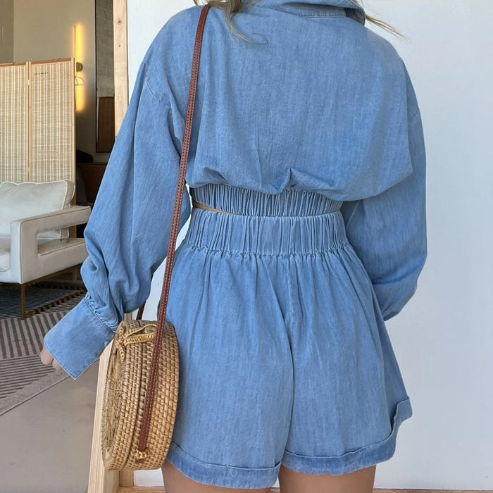 Women Wear Denim Shirt Deep V Plunge Long Sleeve Sexy Shorts Sets