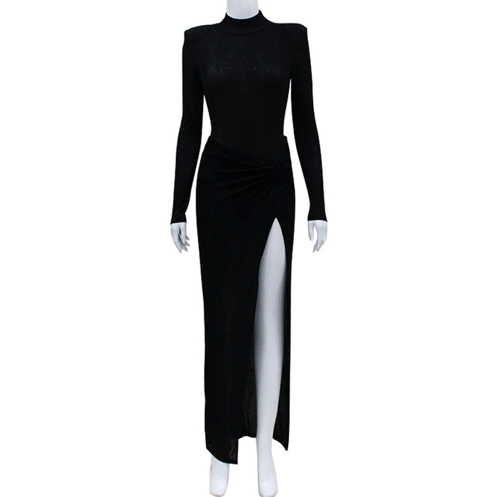 Women Clothing Long Sleeve Half Turtleneck Jumpsuit Sexy Pleated Split Skirt Slim Fit Sexy Set