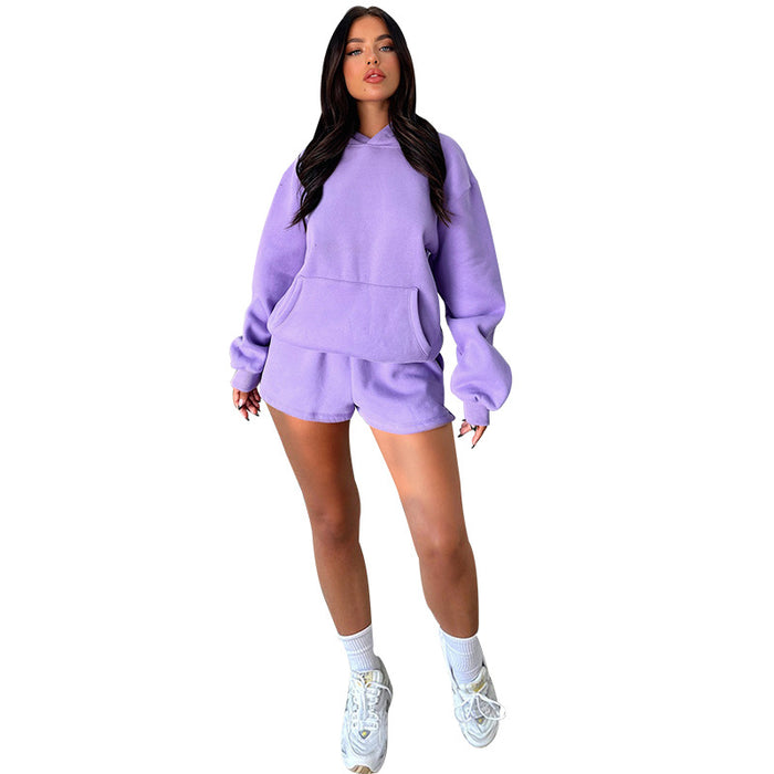 Autumn Winter Solid Color Long-Sleeved Hooded Sweaters Women Clothing Two Piece Casual Shorts sets