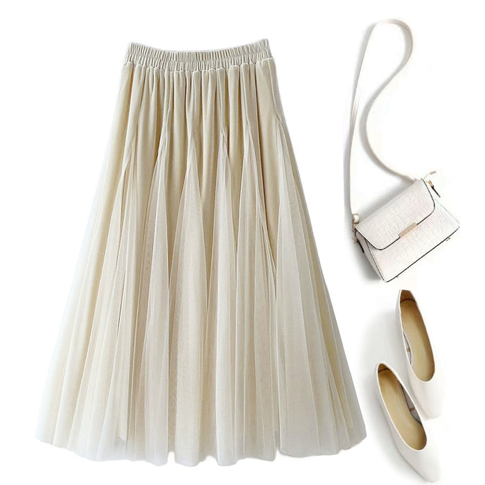 High Waist Slimming A Line Pleated Skirt Mesh Skirt Women Autumn Elastic Waist All Match Large Swing Skirt