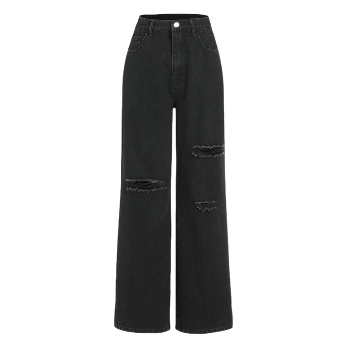 Black Classic Hole Washing Straight-Leg Denim Trousers Jeans