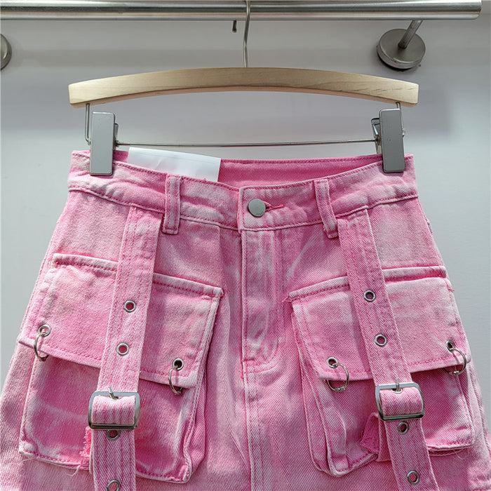 Retro Sexy Pink Three Dimensional Pocket Strap Anti Exposure A Line Slimming Workwear Short Skirt Women