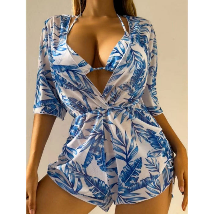 Three Piece Bikini Leaves Printed Waist Controlled Lace up Long Sleeve Beach Anti Ddos Swimsuit