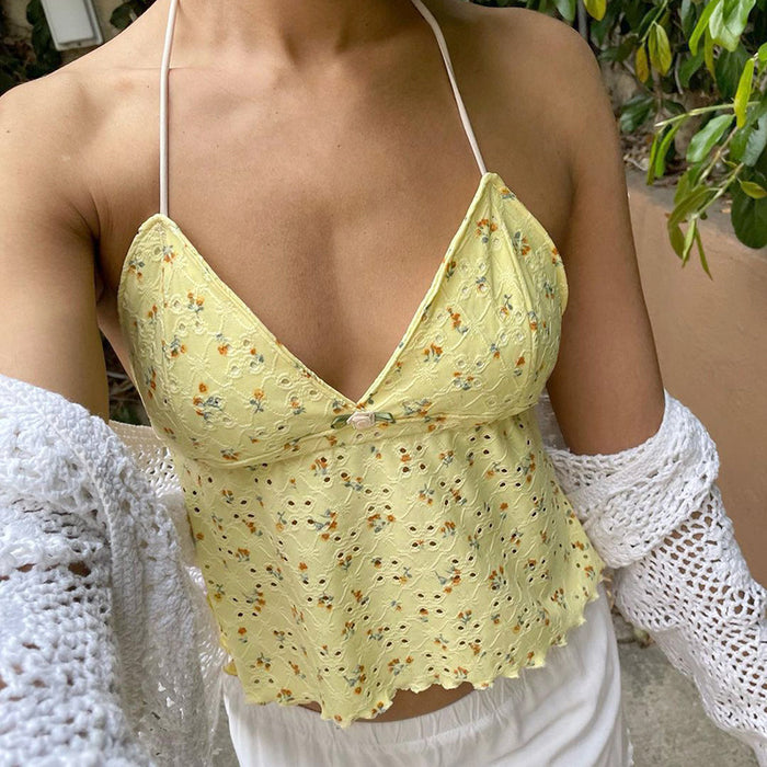 Vacation Fresh Floral Print Hollow Out Cutout Out Halter Tied V Neck Back Strap Sexy Sexy Backless Top