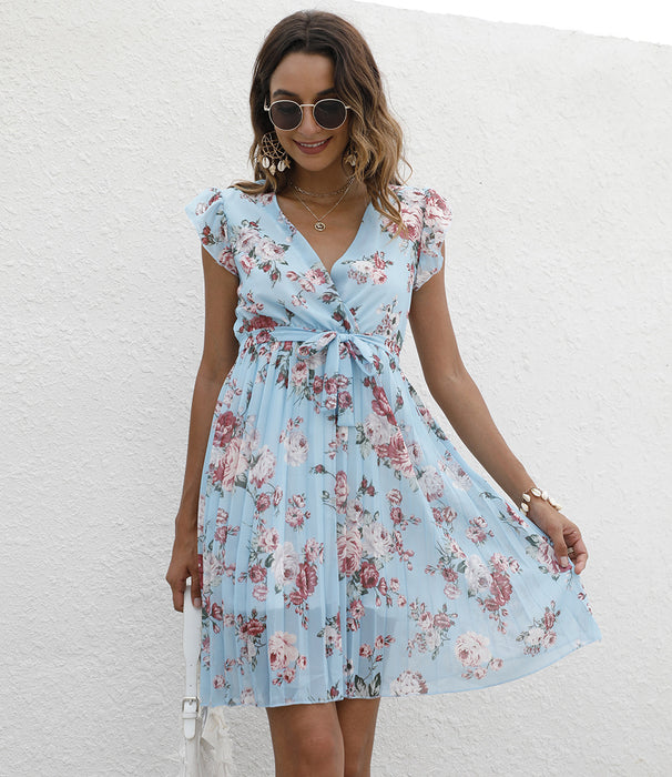 Summer Women Clothing V neck Waist Controlled Lace up Printing Dress