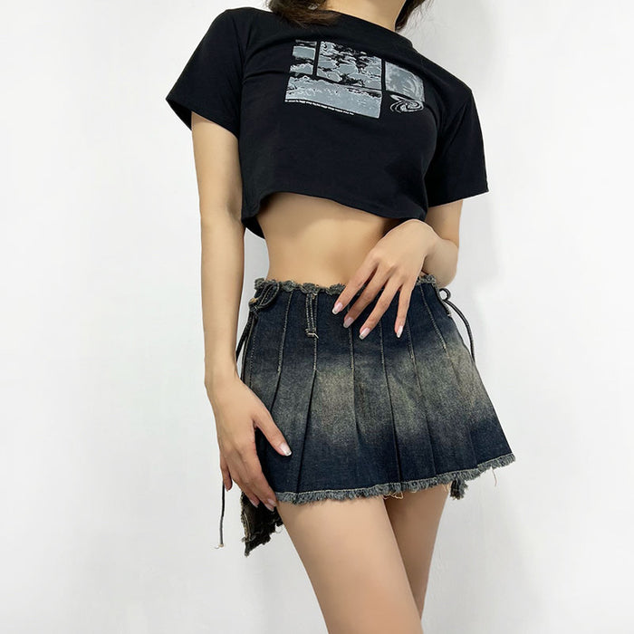 Sexy Denim Skirt Women Summer All-Match Distressed Frayed Edge High Waist with Straps Pleated Skirt