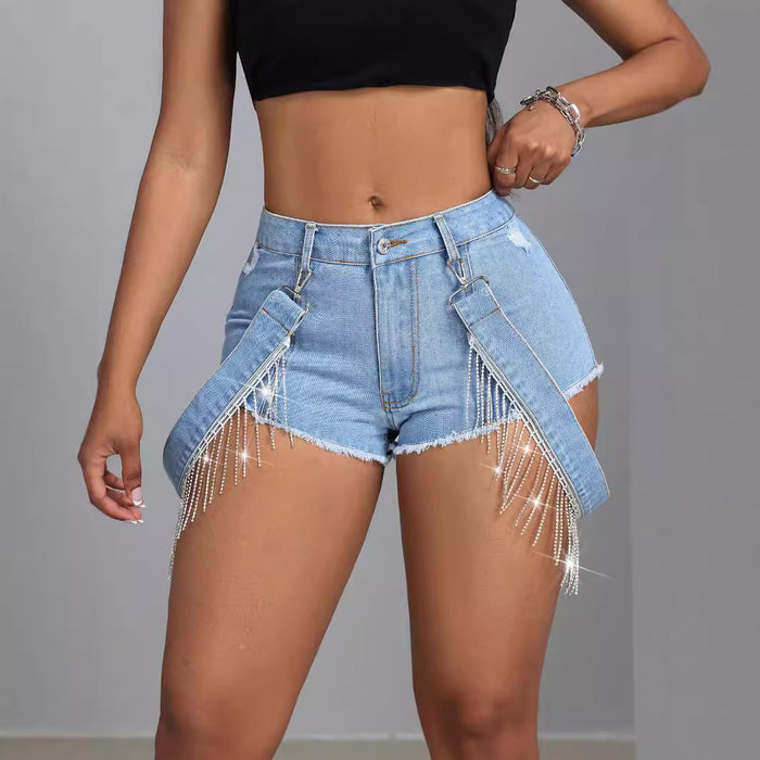 Women Clothing Slim Fit Tassel Lace Up Raw Hem Jeans Super Short Shorts