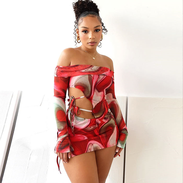 Women Clothing Suit Printed Sexy Off Neck Bell Sleeve Skirt Two Piece Suit