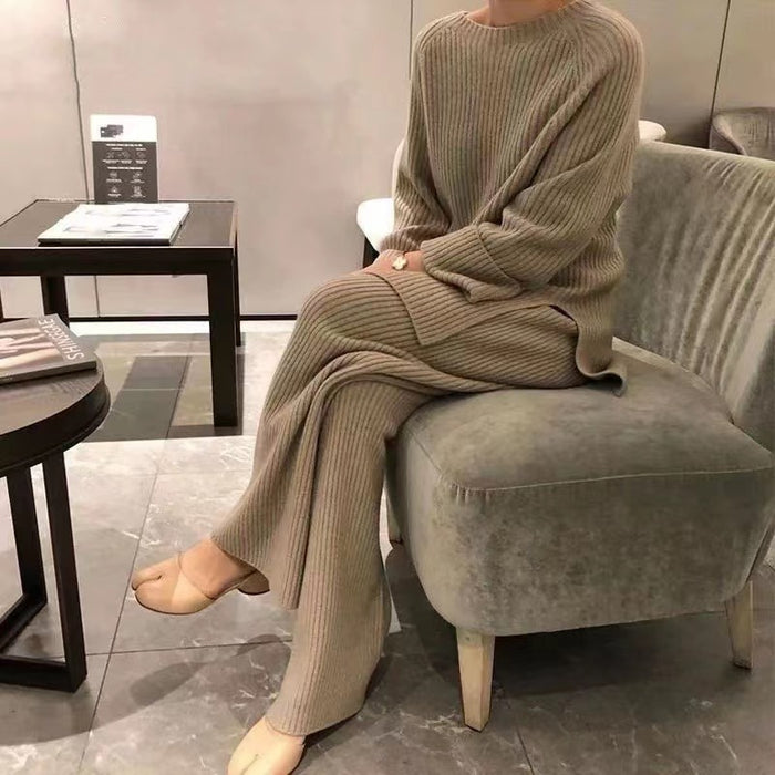 Solid Color Split Sweater Wide Leg Pants Two Piece Set Women Spring Loose Spring Autumn Knitting Suit