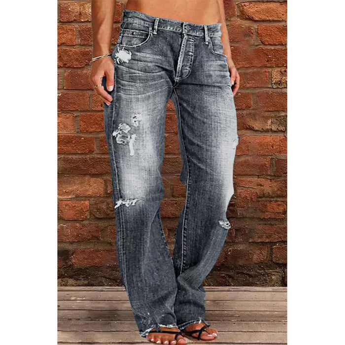 Women Denim Trousers Mid Waist Straight Leg Pants