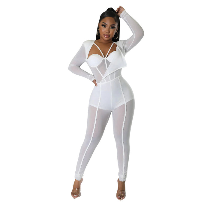 Solid Color Sexy See through Nightclub Pants V neck Tight Jumpsuit Women