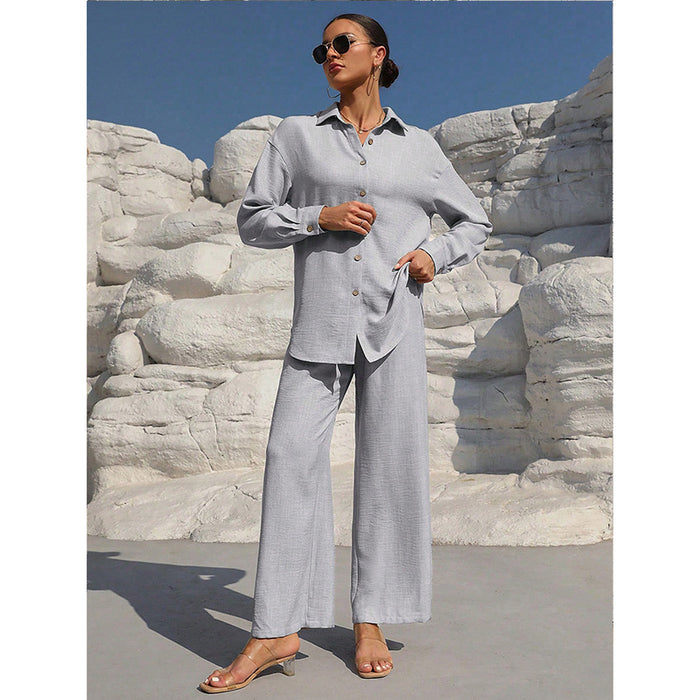 Trousers Shirt Outfit Solid Color Collared Long Sleeve Shirt Loose High Waist Trousers Casual Set