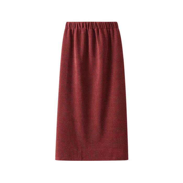 Autumn Winter Corduroy Fleece lined Elastic High Waist Skirt Women Slimming A line Straight Slit Sheath Skirt Long Skirt