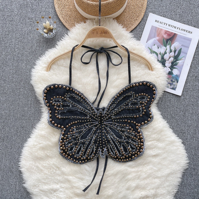 Top Denim Sling Heavy-Duty Beaded Women Summer Backless Strap Halter Butterfly Design Top