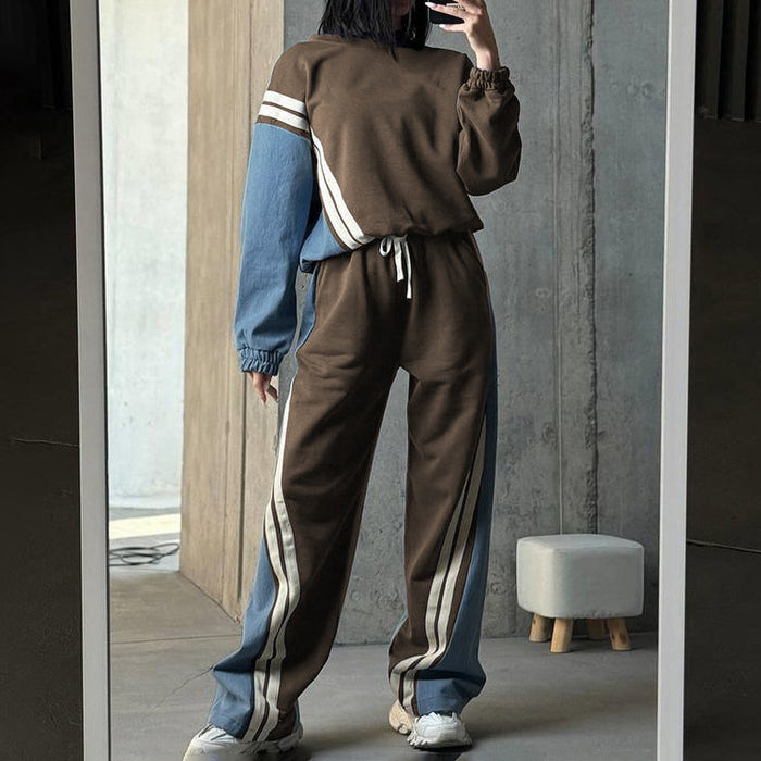 Autumn Winter Sports Contrast Color Striped Sweater Sets Pullover Top Drawstring Trousers Two Piece Set