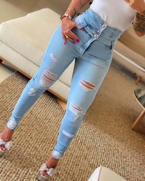 High Waist Make Old Ripped Jeans Women Personality Trend Skinny Trousers