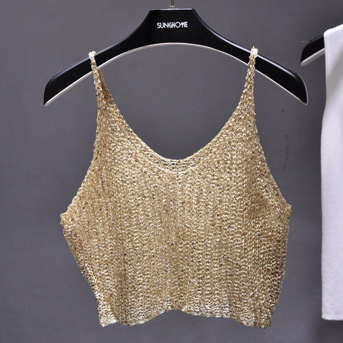 【MOQ-5 packs】 Spring Summer Glitter Half Cropped Outfit Bottoming Sweater Hollow Out Cutout Sexy Cropped Outfit Sling Top