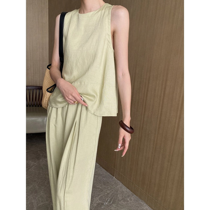 Summer Loose Feeling Tencel Linen Vest Wide Leg Pants Casual Two Piece Suit