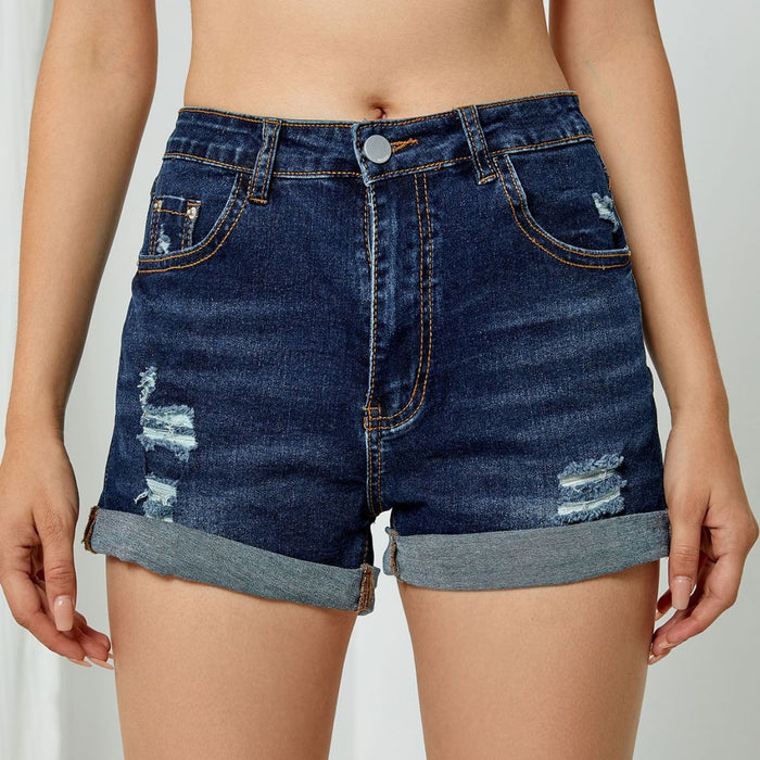 Ripped Curling Elastic High Waist Denim Shorts Women Pants