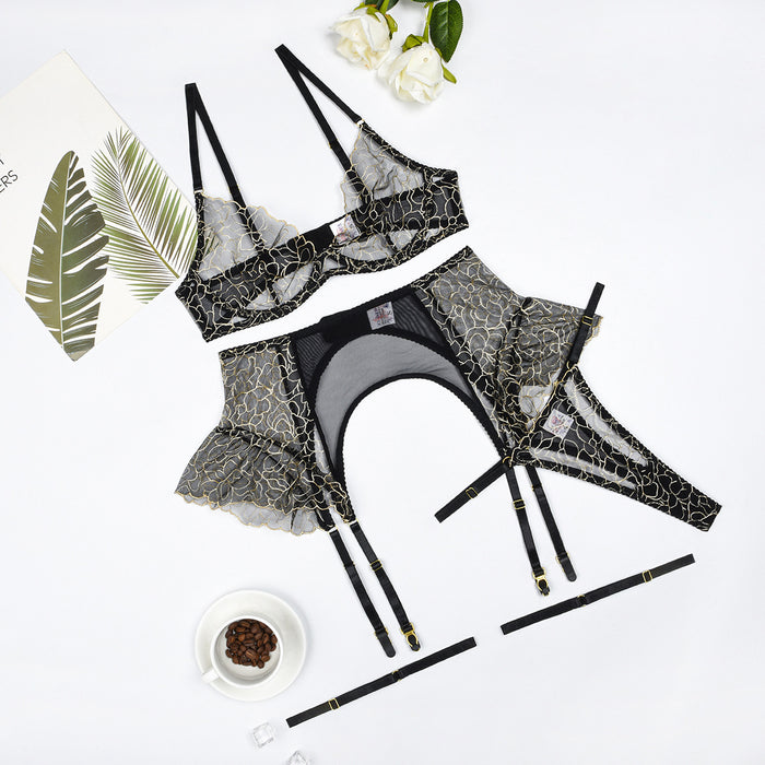 Sexy Women Embroidered Lace Joint Net Falbala Sexy Underwear Garter Four Piece Set