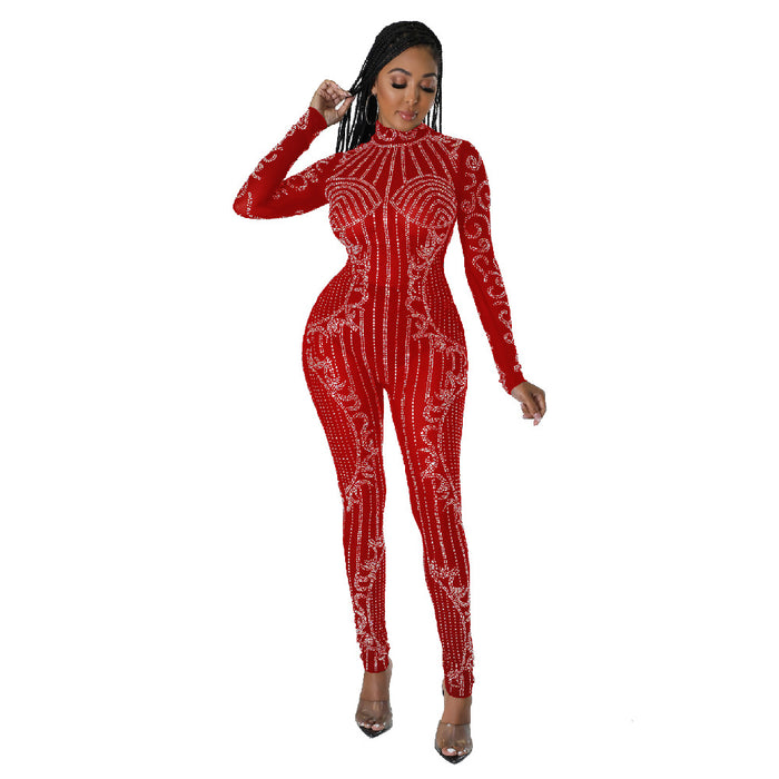 See Through Rhinestone Long Sleeve Cocktail Socialite One Piece