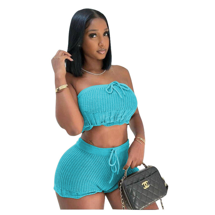 Women Clothing Casual Knitted Tube Top Shorts Two Piece Set