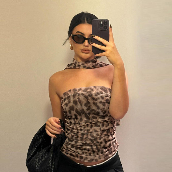 Spring Summer Women Personalized Fried Street Sexy Leopard Print Scarf Sexy Slim Tube Top Vest for Women