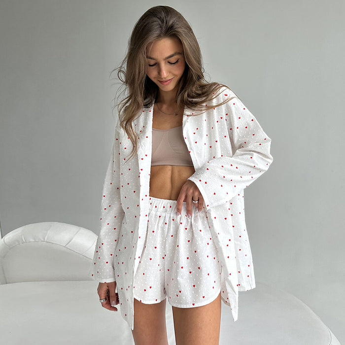 Heart Printing Pajamas Suit Autumn Winter Comfortable Loose White With Printed Pattern Long Sleeve Shorts Pajamas Two Piece Set Women