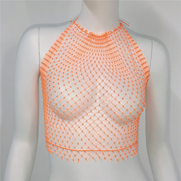 Women Clothing Grid Rhinestone Fishnet Halter Spaghetti Straps Sexy Cutout Sexy Sling Women