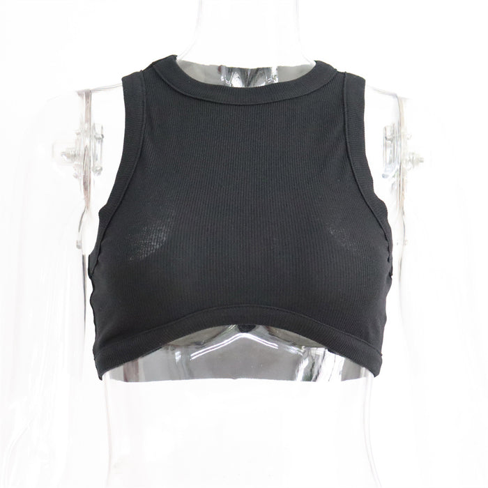 Round Neck Rib Sports Vest Spring Summer Sexy Cropped Slimming Waist I Shaped Short Top