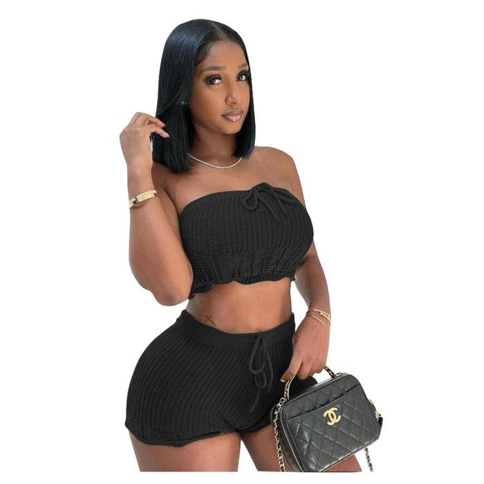 Women Clothing Casual Knitted Tube Top Shorts Two Piece Set