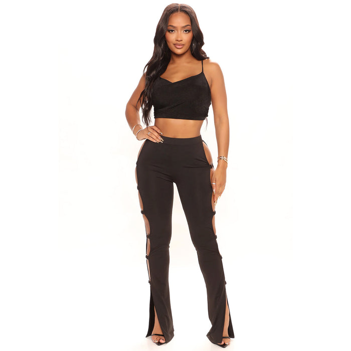 Summer Women Clothing Sexy Tight Sports Casual Hollow Out Cutout Bell Bottom Pants Trousers