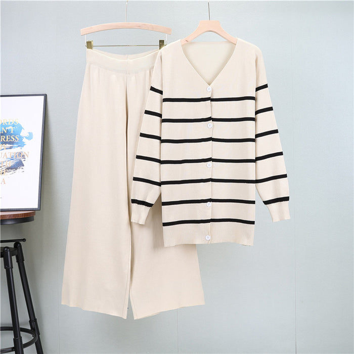 Spring Autumn Mid Length Striped Knitted Cardigan Suit Women Loose Wide Leg Pants Two Piece Set