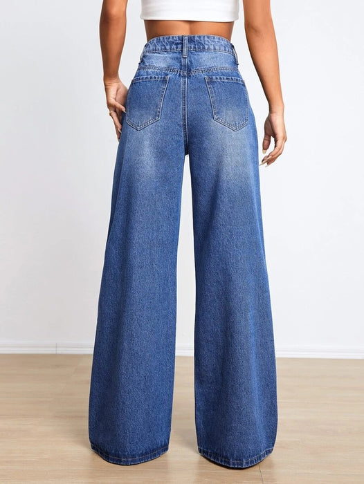 Women Clothing Jeans High Waist Loose Hole Slimming Wide Leg Pants