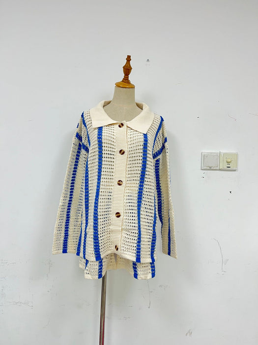 Autumn Sweet Casual Striped Hollow Out Cutout Two Piece Knitted Cardigan Women Coat