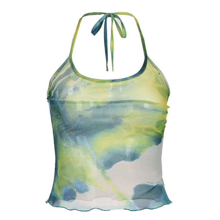 Niche Green Blooming Abstract Printing See Through Bare Back Sexy Suspenders Lace Vacation Halterneck Vest