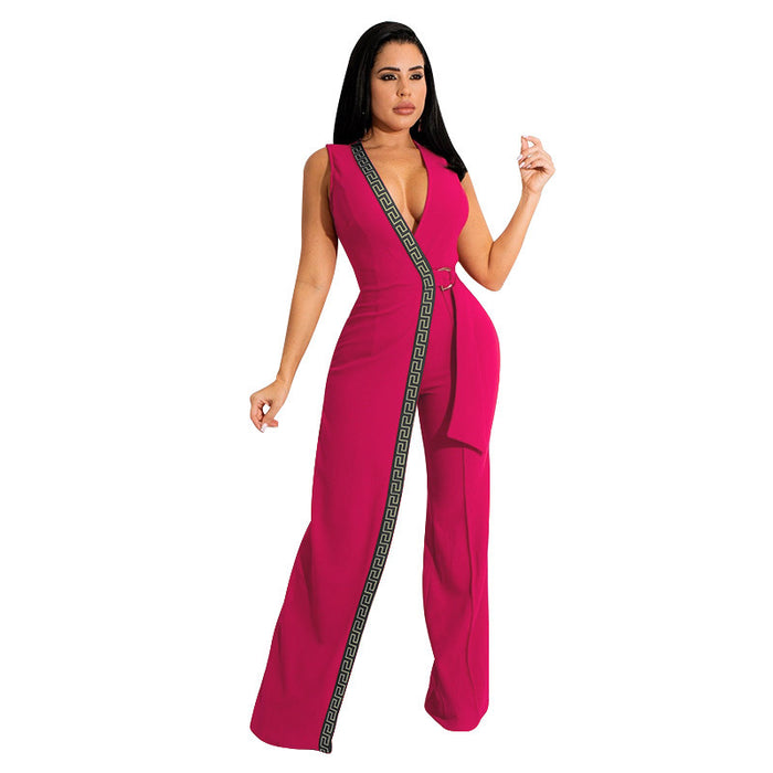 Spring Deep V Plunge Neck Slim Fit Jumpsuit Simple Smart Trousers Containing Belt