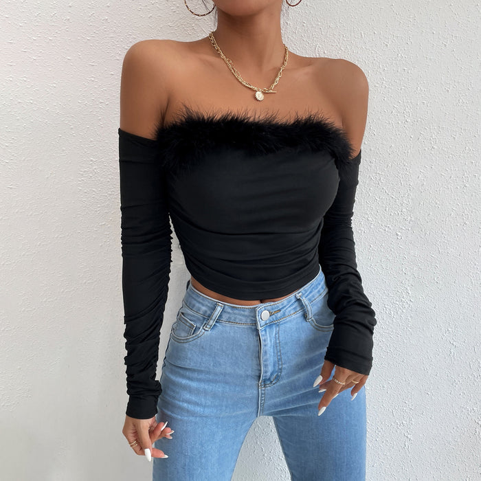 Women Summer Retro Fur Collar Tube Top Long-Sleeved Shirt off-Neck Backless off-Shoulder Top