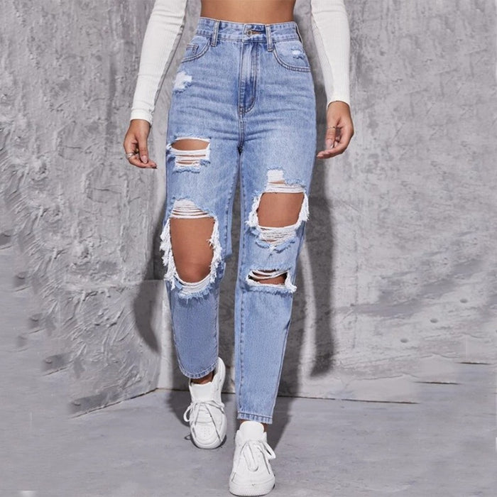 Ripped Jeans Women Washed High Waist Straight Jeans